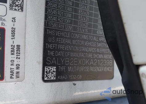 2019 Land Rover Range Rover Velar P250 S z USA, uszkodzony, nr VIN SALYB2EX0KA212398